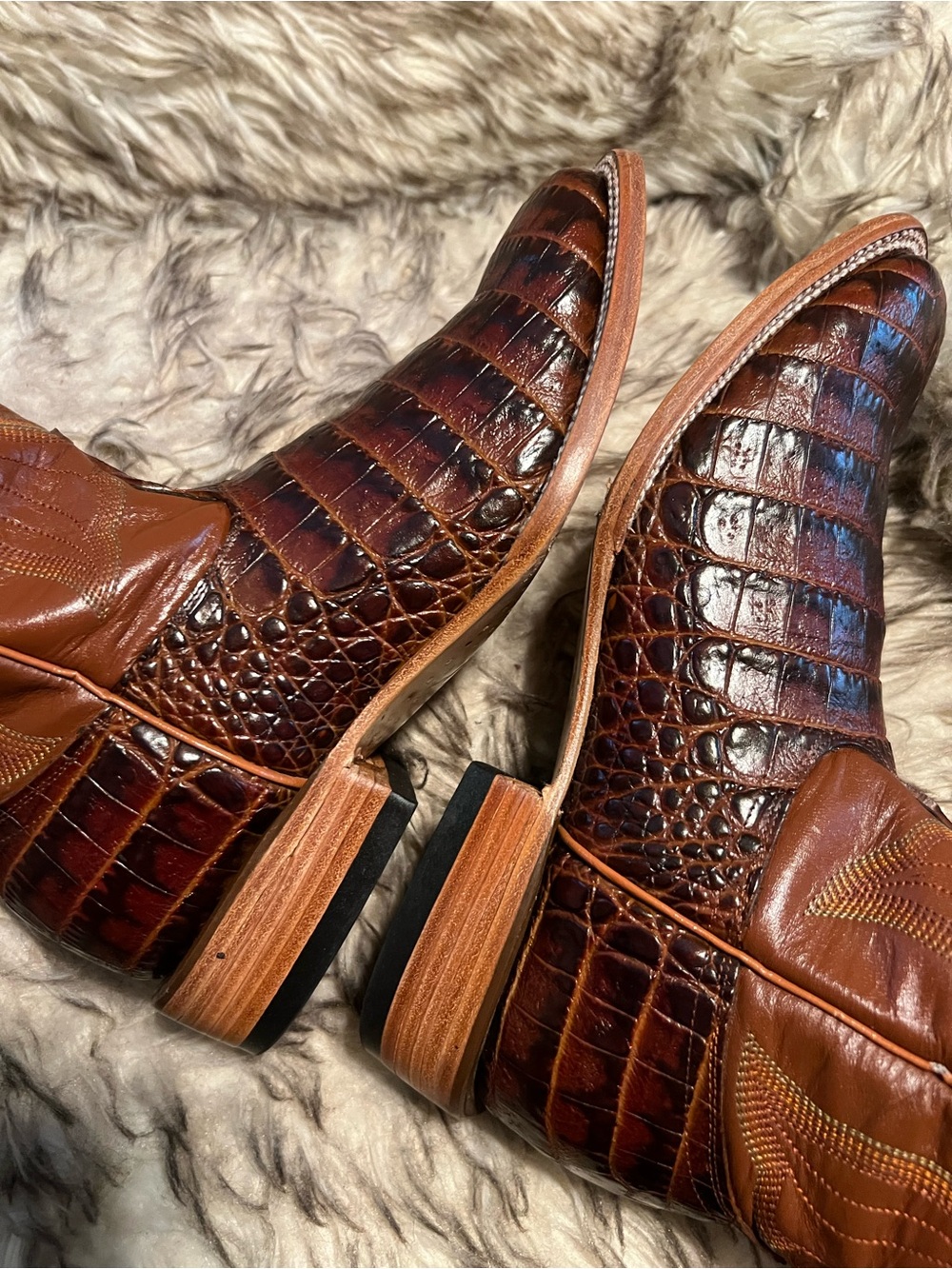 Men's Brown Exotic CAIMAN Print & Leather Western Boots with Embossed Shaft Sz 8 - Picture 14 of 15